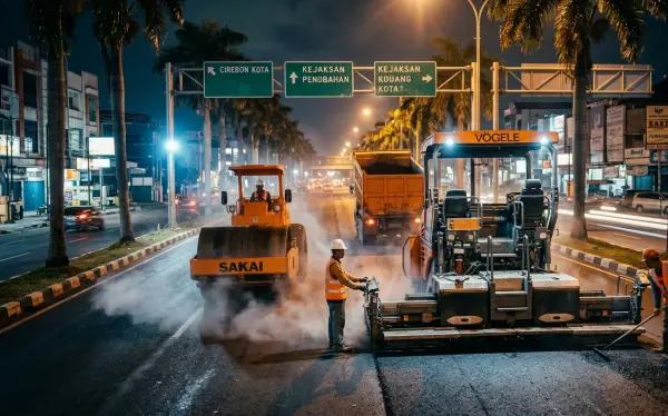 jasa pengaspalan cirebon mengerjakan proyek saat malam hari