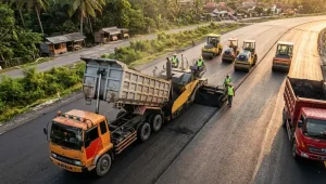 tukang aspal mengerjakan perbaikan jalan utama