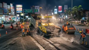tukang aspal siapl mengerjakan aspal di malam hari