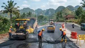 tukang aspal mengerjakan perbaikan aspal di jalan selatan