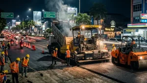 tukang aspal melaksanakan perbaikan jalan pada malam hari