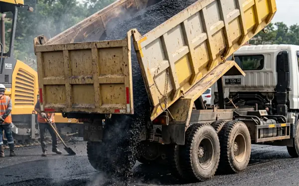 jasa pengaspalan subang sedang meletakkan aspal dengan bantuan truck