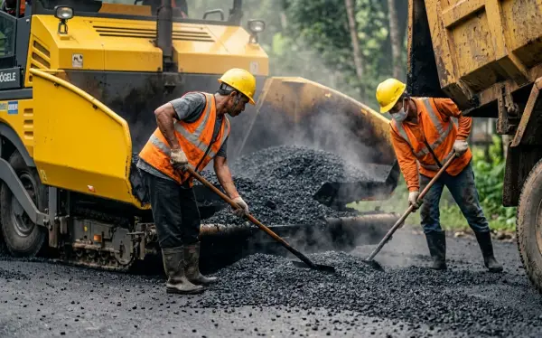 jasa pengaspalan cikarang saat meratakan aspal hotmix