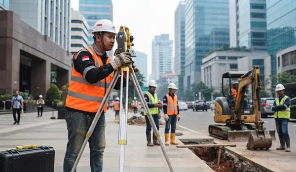 jasa pengukuran tanah bandung sedang mengukur bangunan di tengah kota