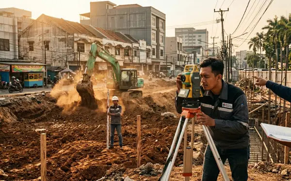 jasa survey topografi cikarang sedang melakukan kegiatan pengukuran di tengah kota