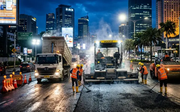 kontarktor aspal oleh aspalindo karya nusantara mengerjakan proyek di tengah kota jakarta