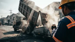 Dump truck menuangkan material aspal hotmix ke mesin asphalt finisher dalam proyek jasa pengaspalan di Purwakarta oleh PT. Aspalindo Karya Nusantara
