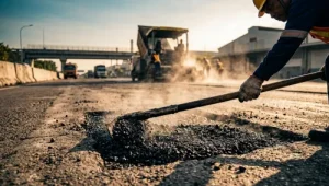 Pekerjaan patching dan perbaikan jalan rusak di akses tol Cipularang Purwakarta oleh tim ahli PT. Aspalindo Karya Nusantara