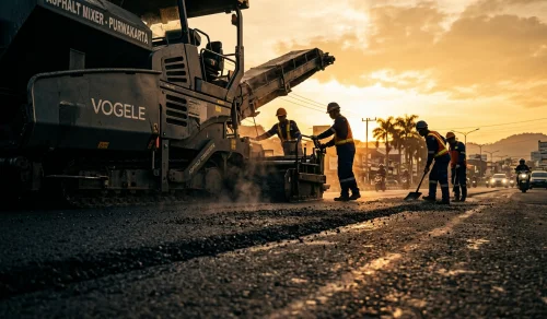 Proses penghamparan aspal hotmix di jalan utama Purwakarta oleh tim PT. Aspalindo Karya Nusantara dengan mesin asphalt finisher profesional